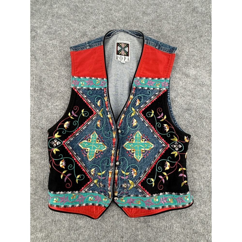 Hairston Roberson ROPA Denim Vest Embroidered Southwestern Western Boho Medium